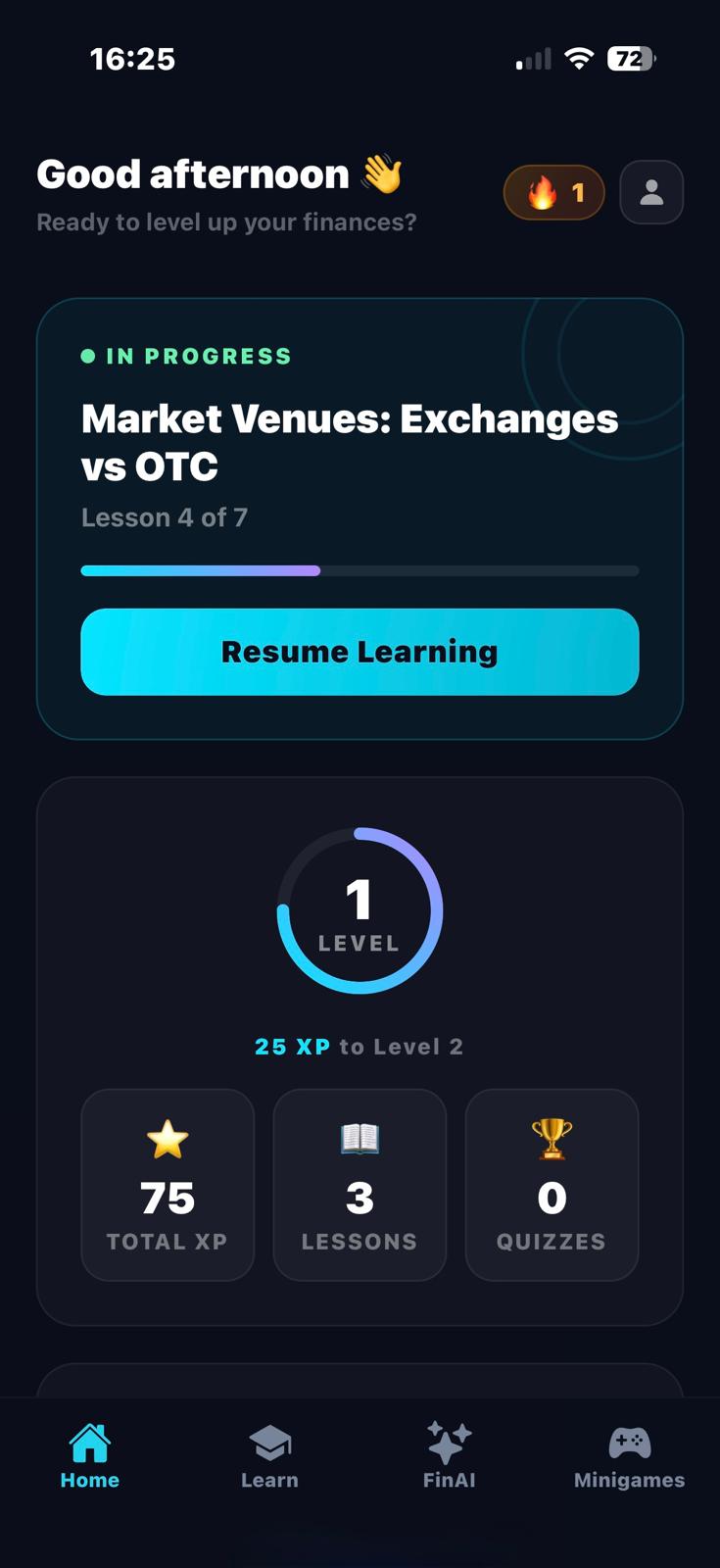 LearnFI app — lessons screen